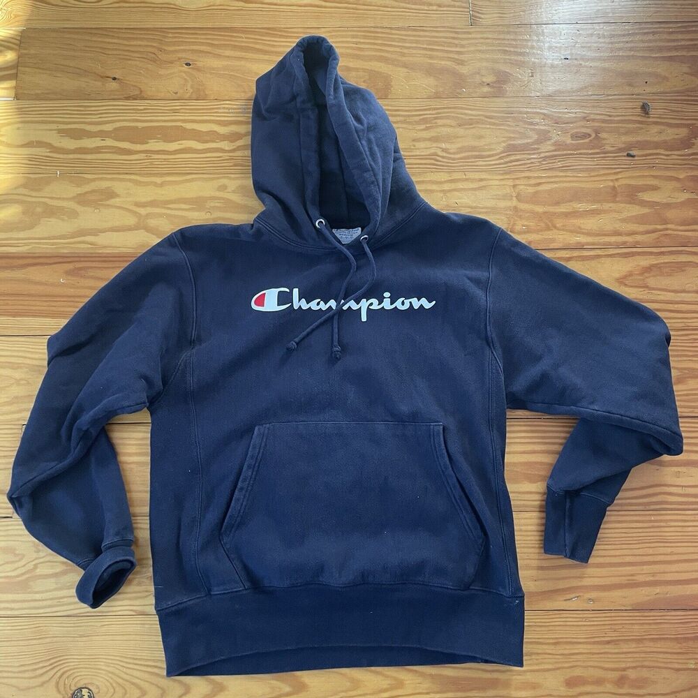 Vintage Late 90s Navy Champion Reverse Weave Hoodie Sweatshirt Size Medium Y2k